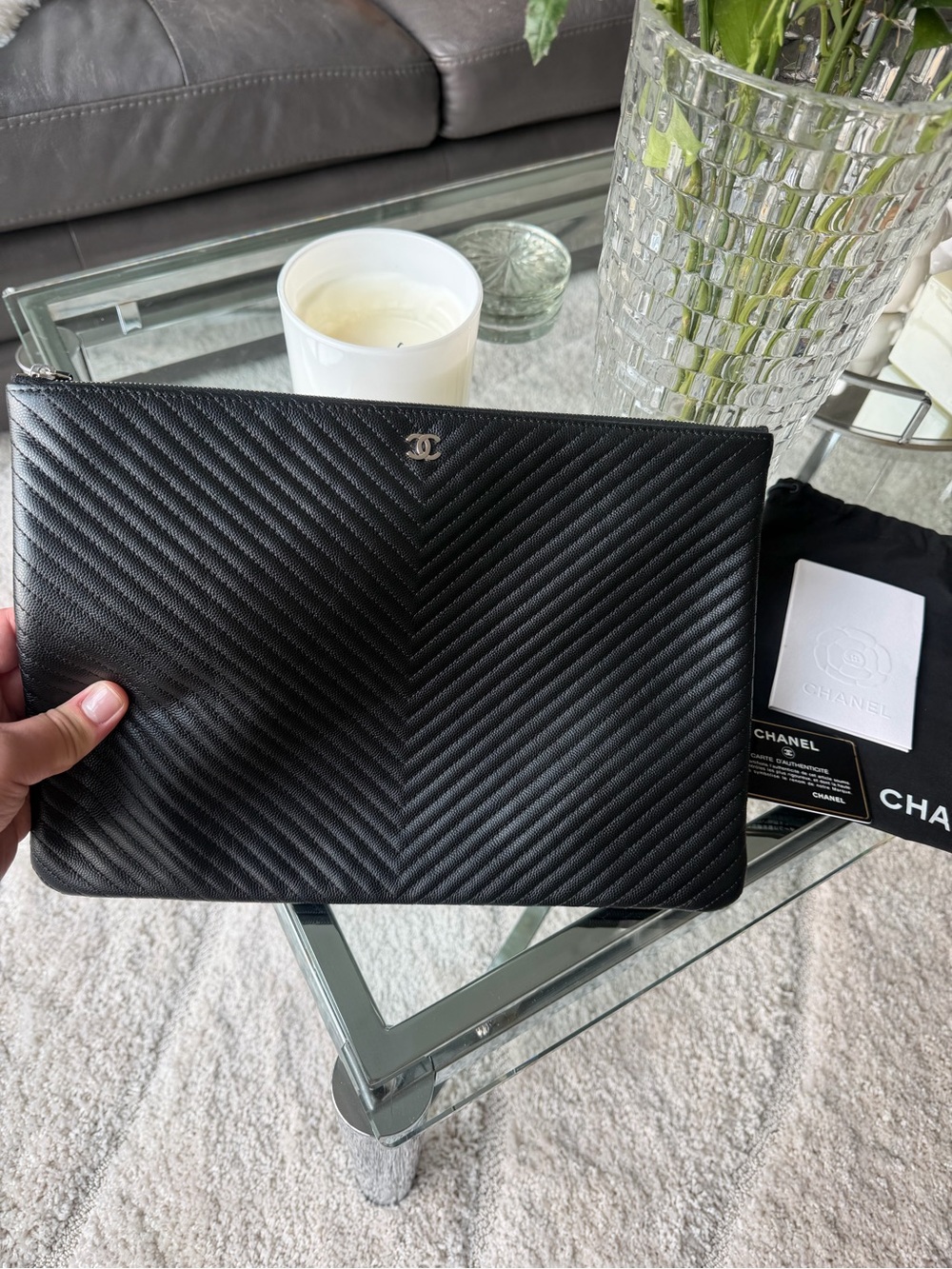 CHANEL Black Chevron Quilted Leather O Case Large with Silver CC